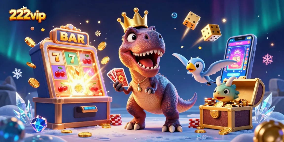 Jogue e ganhe com o 222vip em uma animação divertida de caça-níqueis e dinossauros.