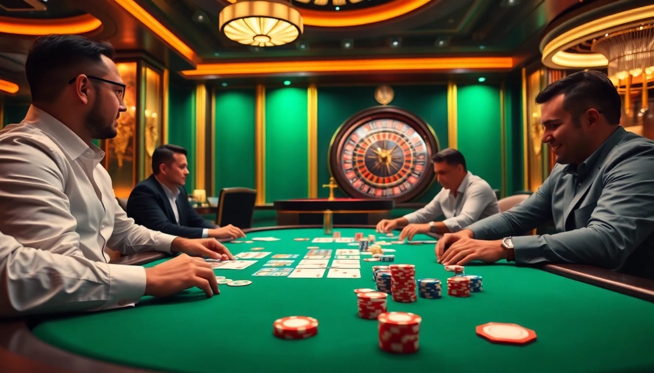 Players enjoying a thrilling Go 99 poker game at a luxurious casino table.