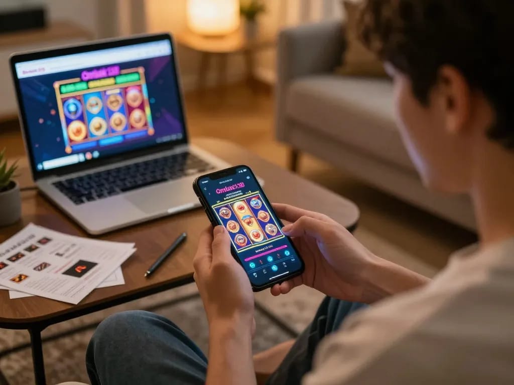 Pengguna Ombak138 sedang berinteraksi dengan permainan kasino seluler di smartphone sambil menikmati suasana nyaman di rumah.
