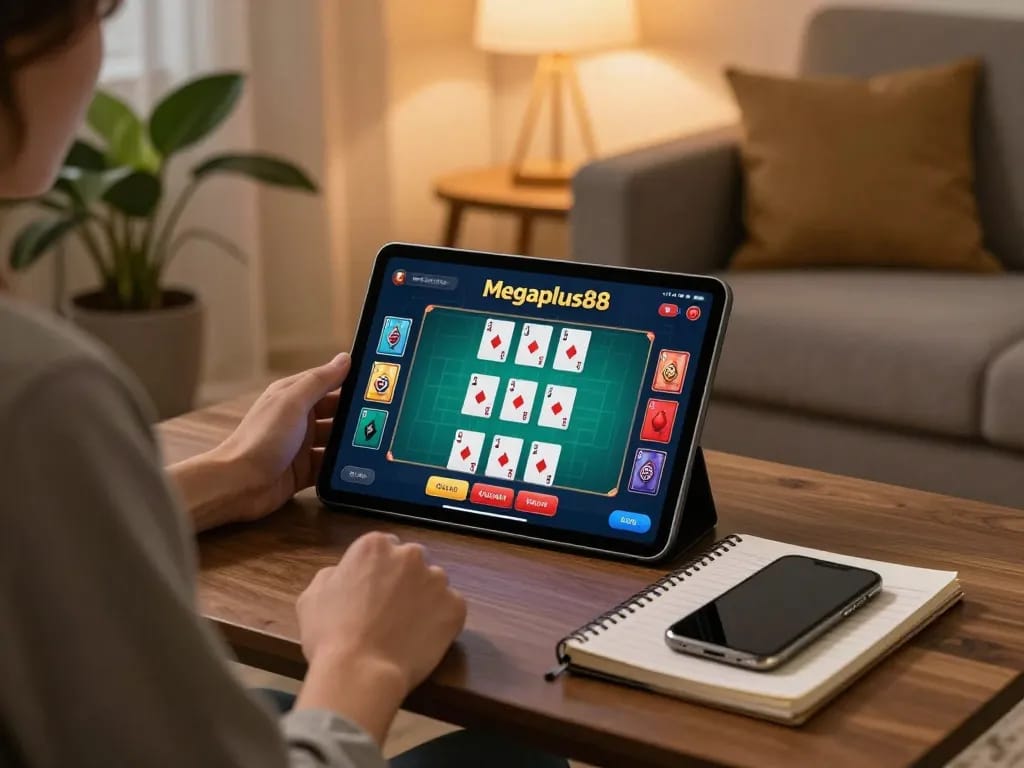 Engaging with Megaplus88 on a tablet during a cozy home gaming session, strategic notes visible.