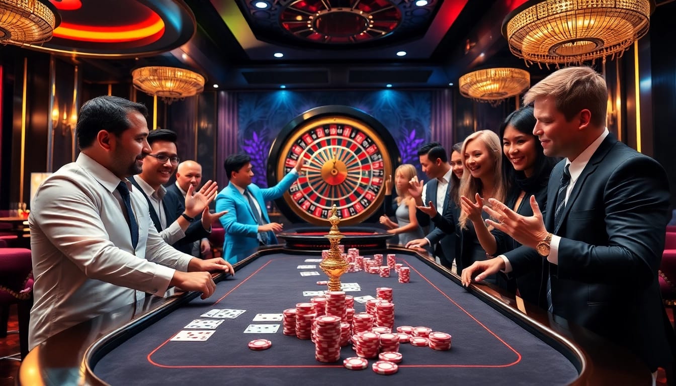 Exciting casino scene showcasing players at the j88 com gambling table with vibrant chips and a roulette wheel.