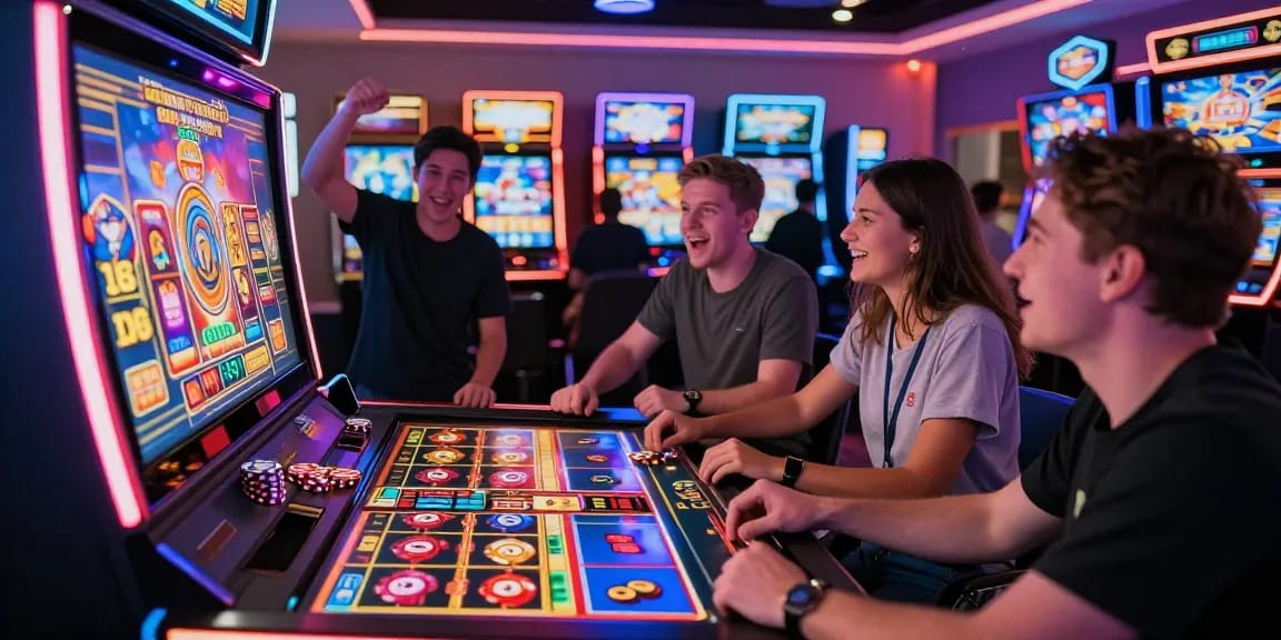 Exciting gaming scene showcasing osaka88 slot machine surrounded by enthusiastic players.