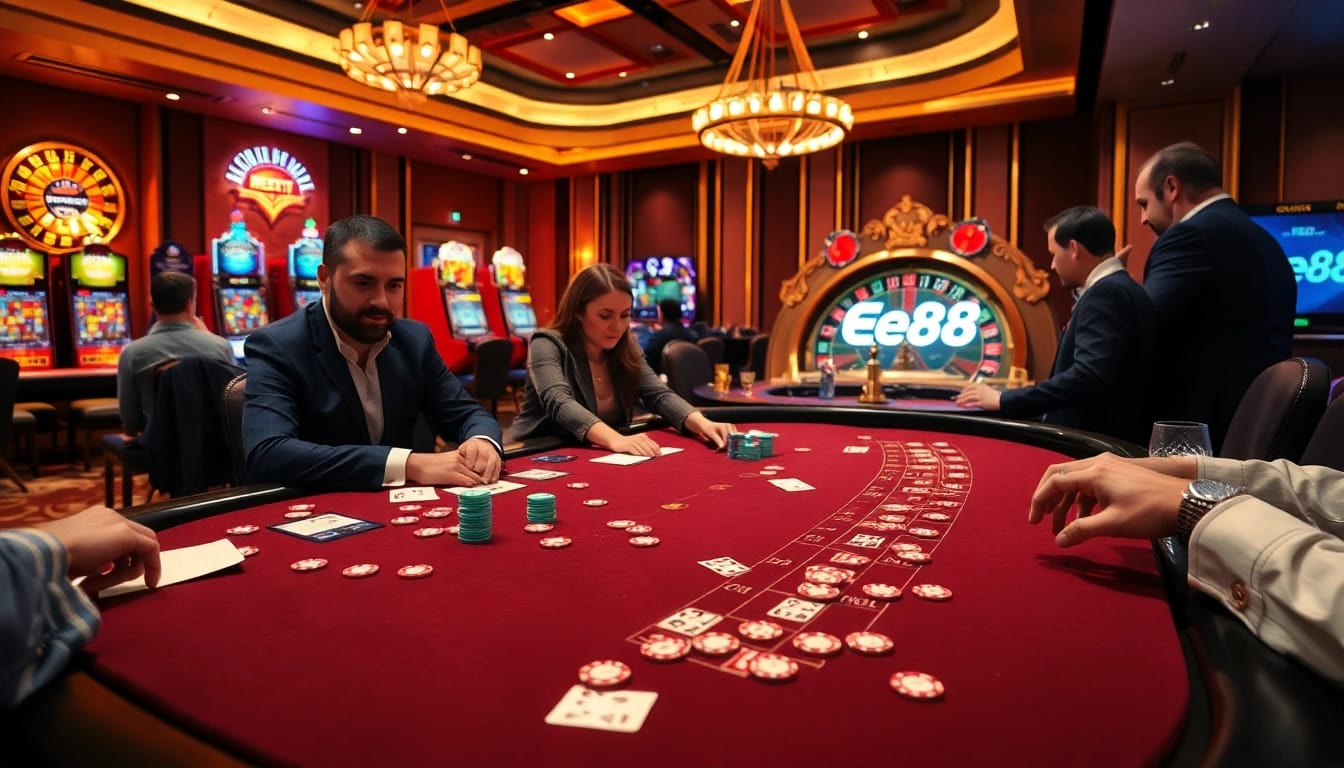 Engaging players in a thrilling gaming experience at Ee88 casino with poker chips and slot machines.