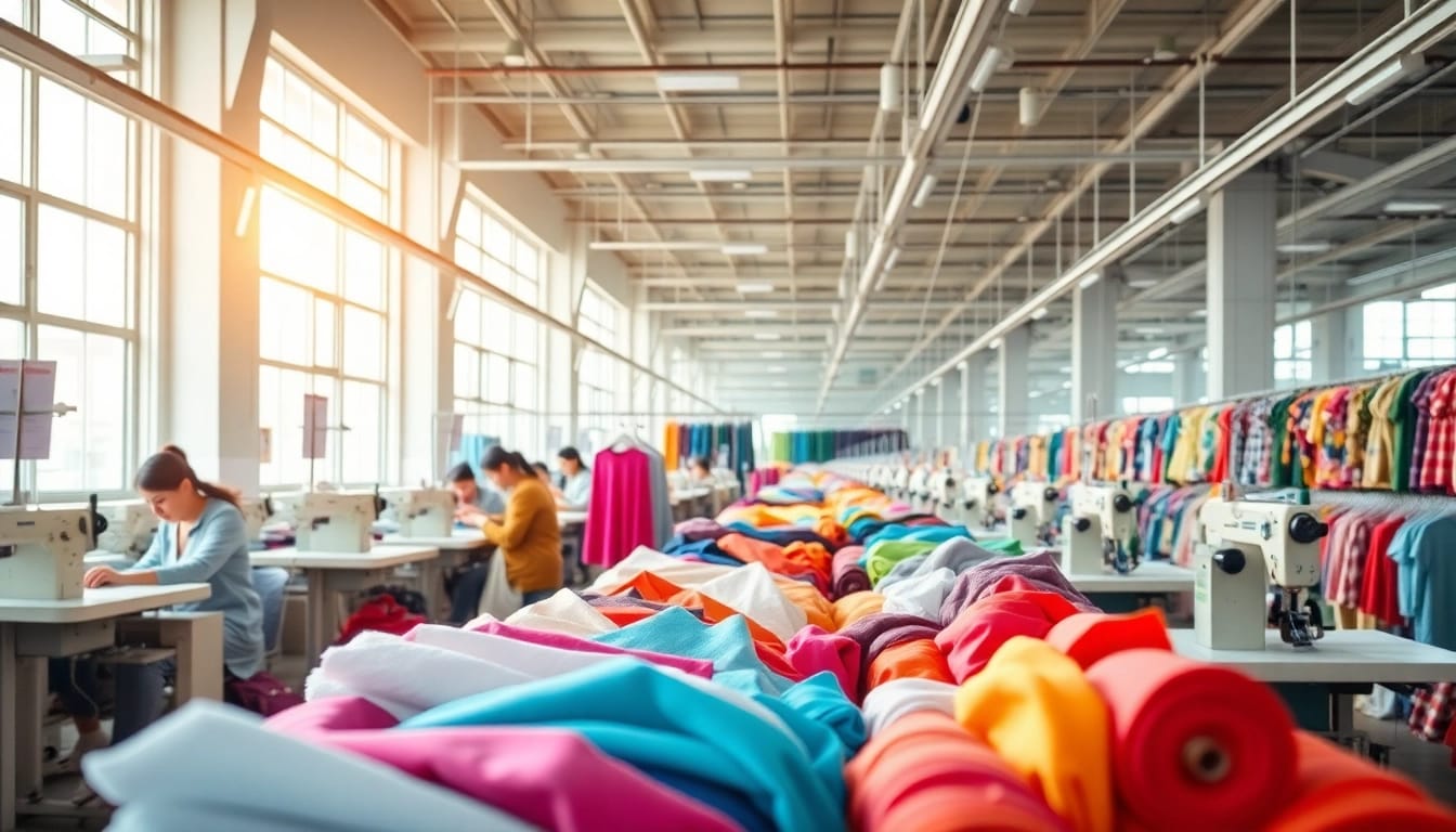 Workers at a Clothes Factory China sewing garments amidst a vibrant production line.