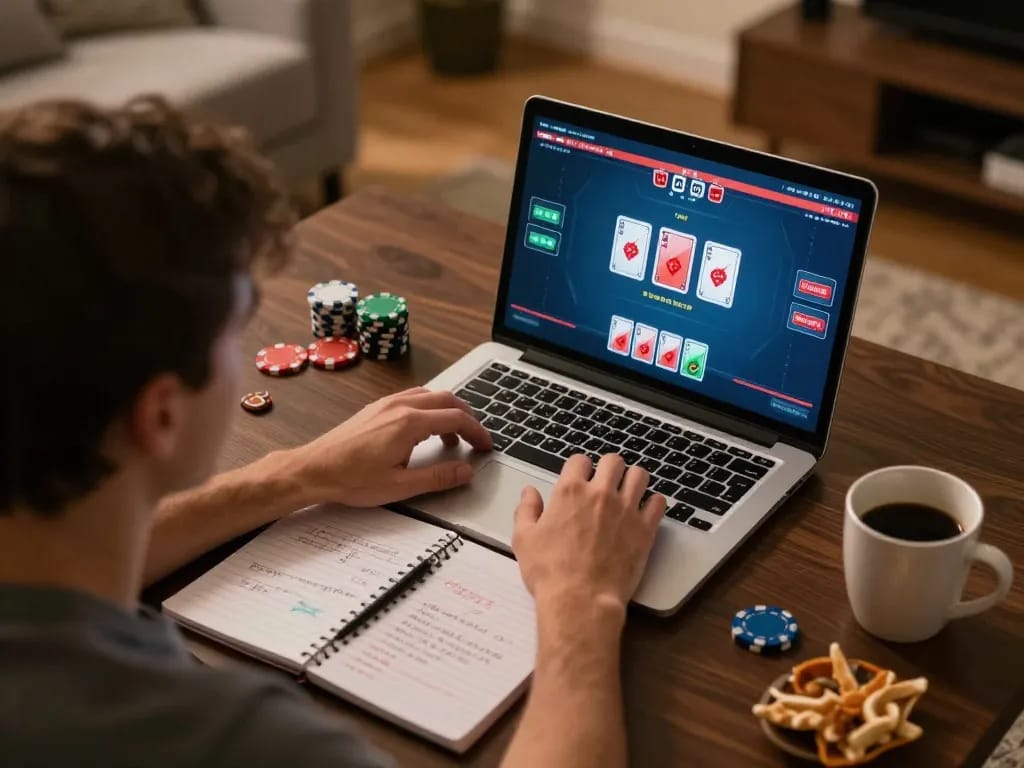 Engaged player strategizing on lode88 poker game from home setup with laptop and notes