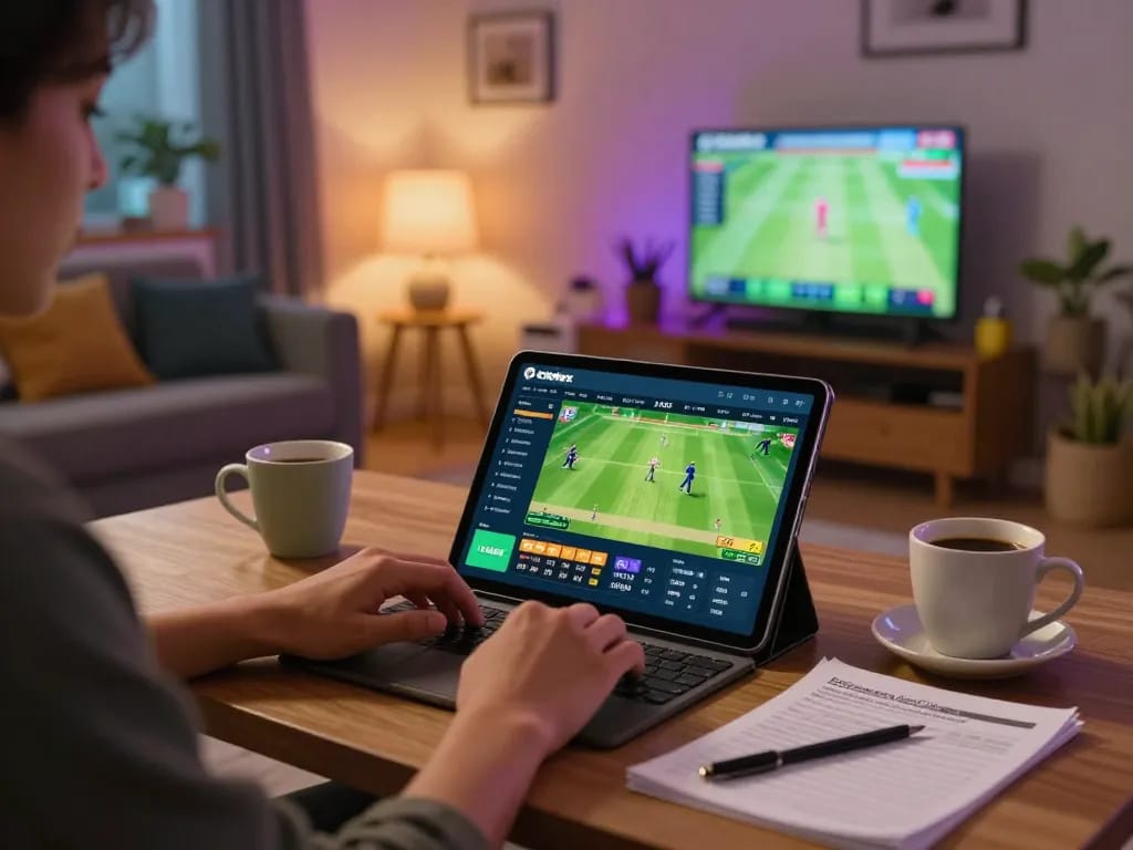 Engaging in exciting online cricket betting at https://crickex.fit/ with tablet displaying match odds and stats.