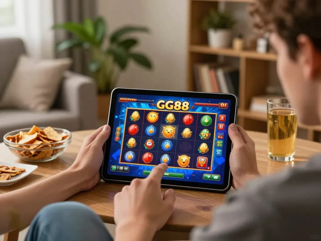 Player enjoying a GG88 slot game on tablet in a cozy living room setting, emphasizing online gaming.