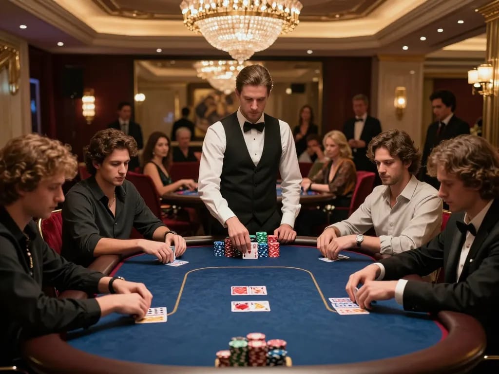 Intense poker game at a luxurious casino showcasing rr88 credit strategies with focused players betting chips.