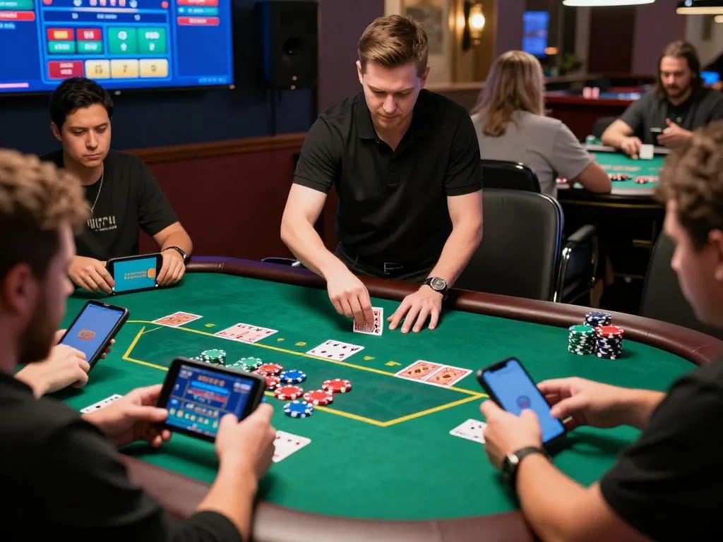 Engaging online players placing bets at 789win live dealer poker game with vibrant atmosphere