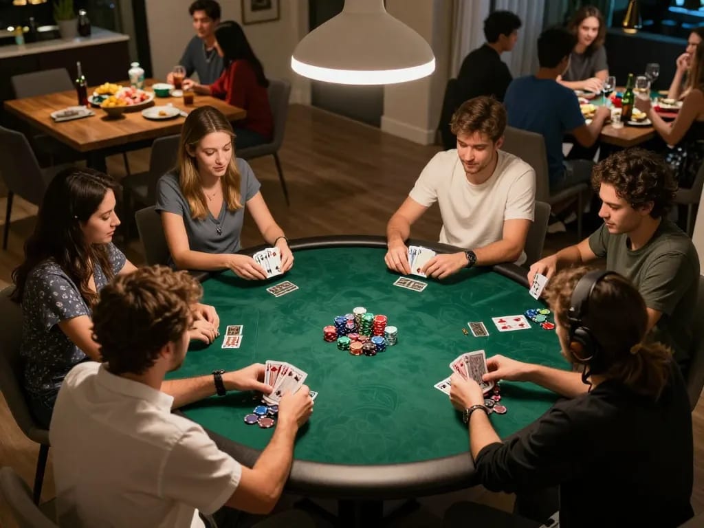 Players enjoying a poker game at home, showcasing an engaging atmosphere and camaraderie with 789club.