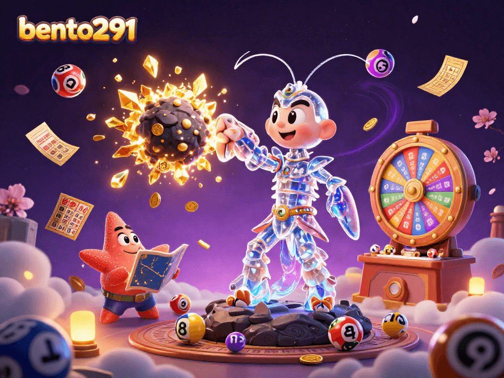 Bento291 engages players with a dynamic lottery scene featuring vibrant balls, winning tickets, and exciting prizes.