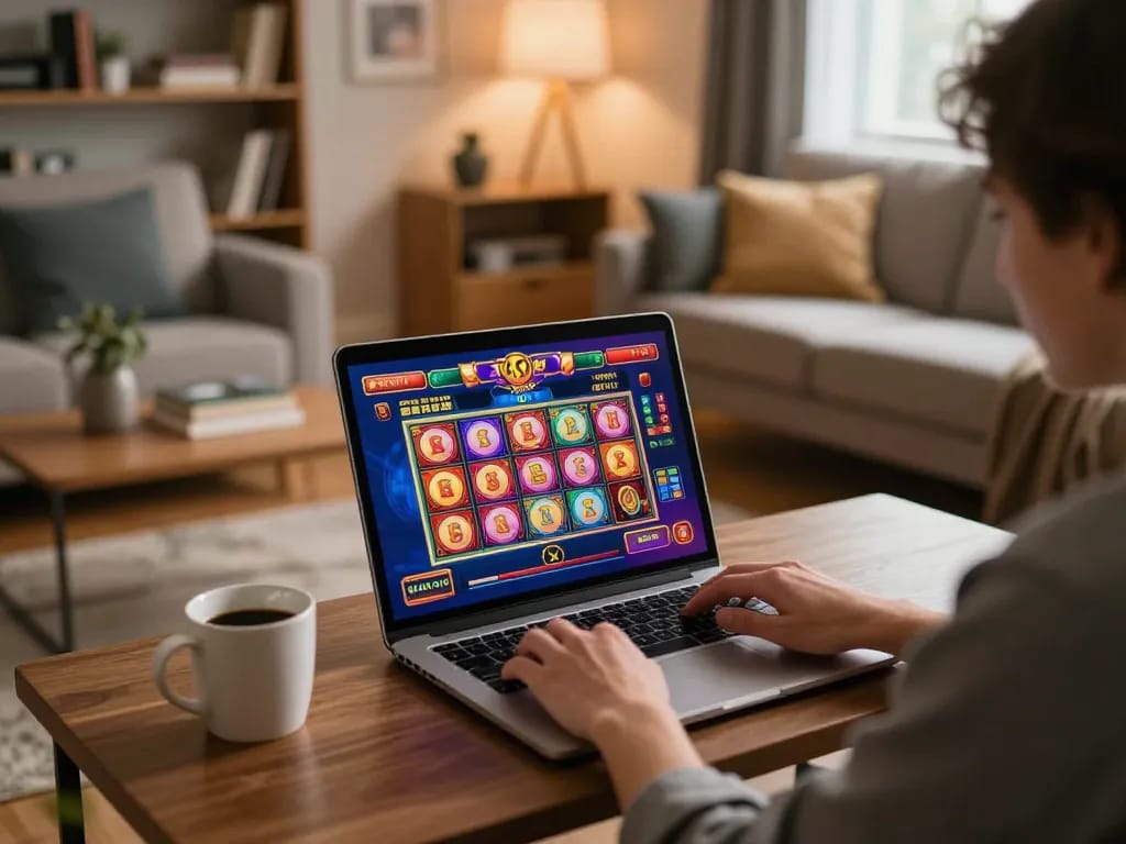 Player enjoying an online slot game on rikvip in a cozy home setting with vibrant game screen.