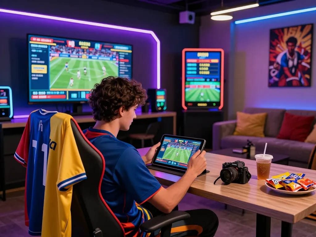 Energetic online betting scene showcasing Fabet with a sports enthusiast engaging live, vibrant atmosphere and modern setup.