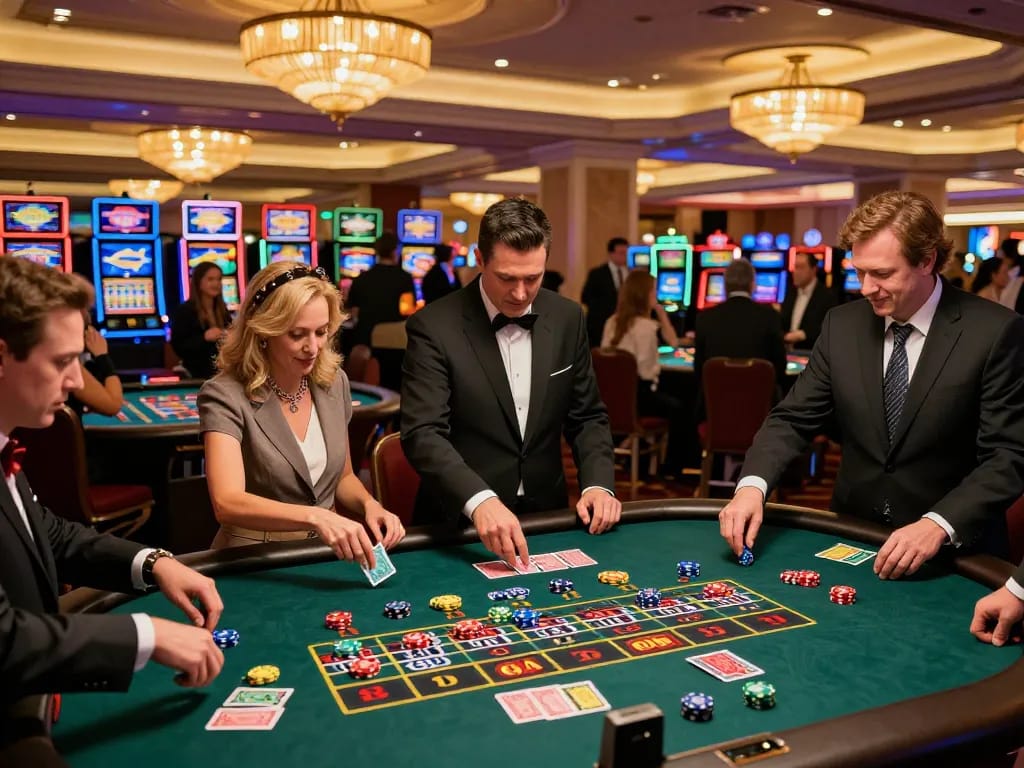 Exciting scene of players engaging in various games at bk8 casino floor, showcasing vibrant atmosphere and diverse gambling activity