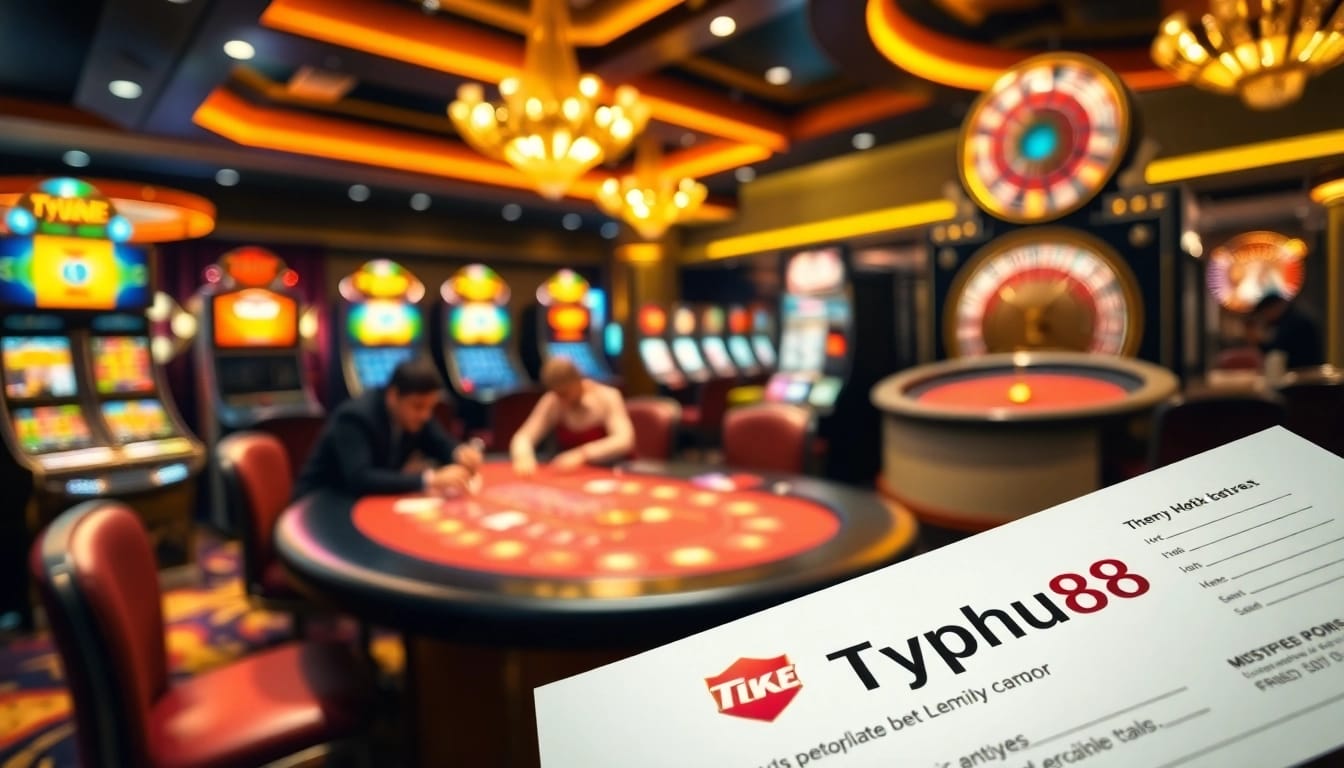 Experience the excitement of Typhu88 at this vibrant casino scene with poker and slot machines.