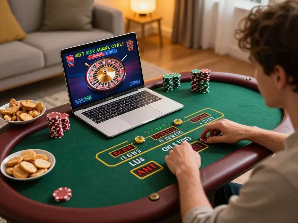 Engaged player using tr88 for live dealer roulette at home with warm lighting and cozy setup.