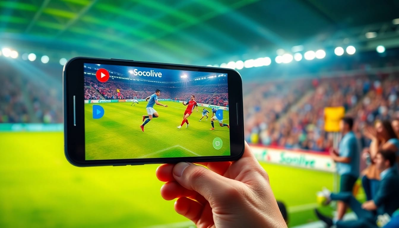 Socolive live streaming football match on a smartphone with fans cheering in the background.