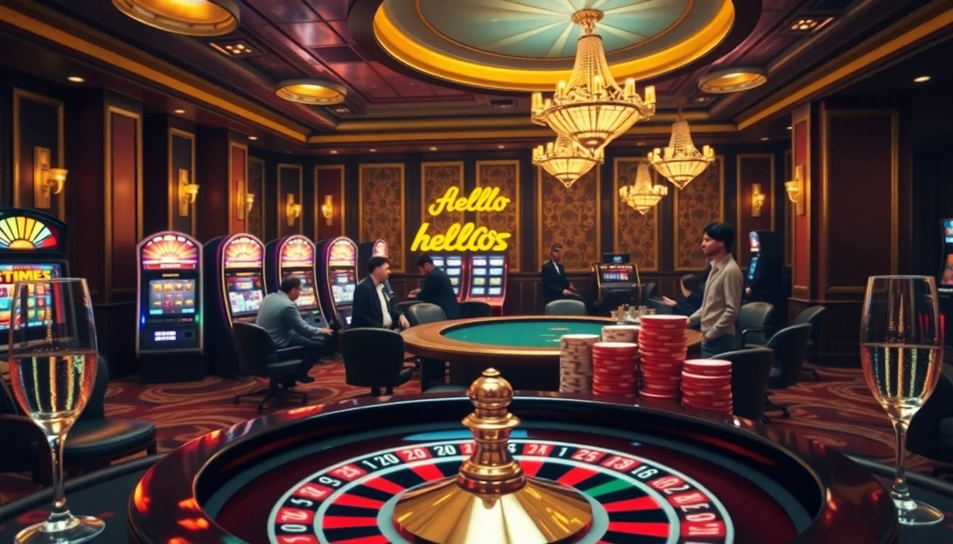 Exciting gaming scene at hello88 casino with poker table and vibrant slot machines.