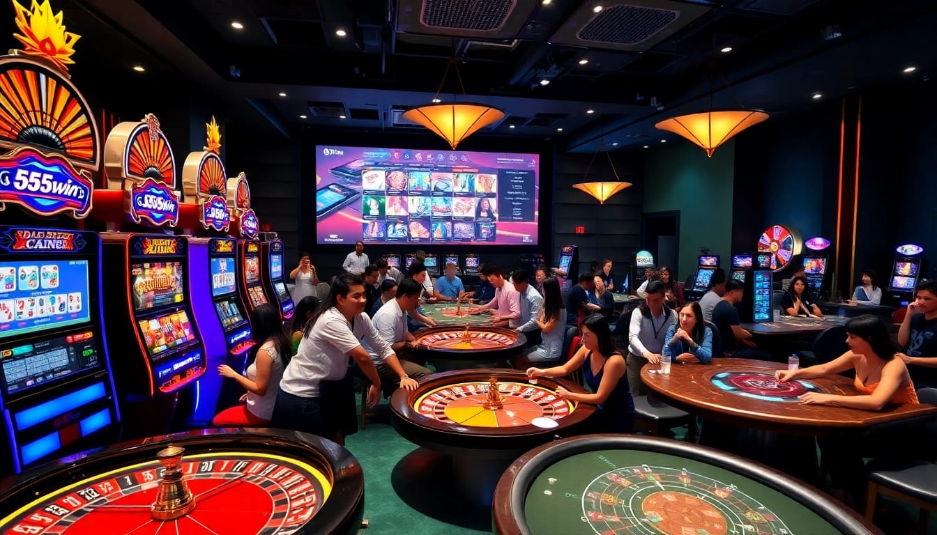 Experience thrilling gaming action at 555win with vibrant roulette wheels and elegant slot machines.
