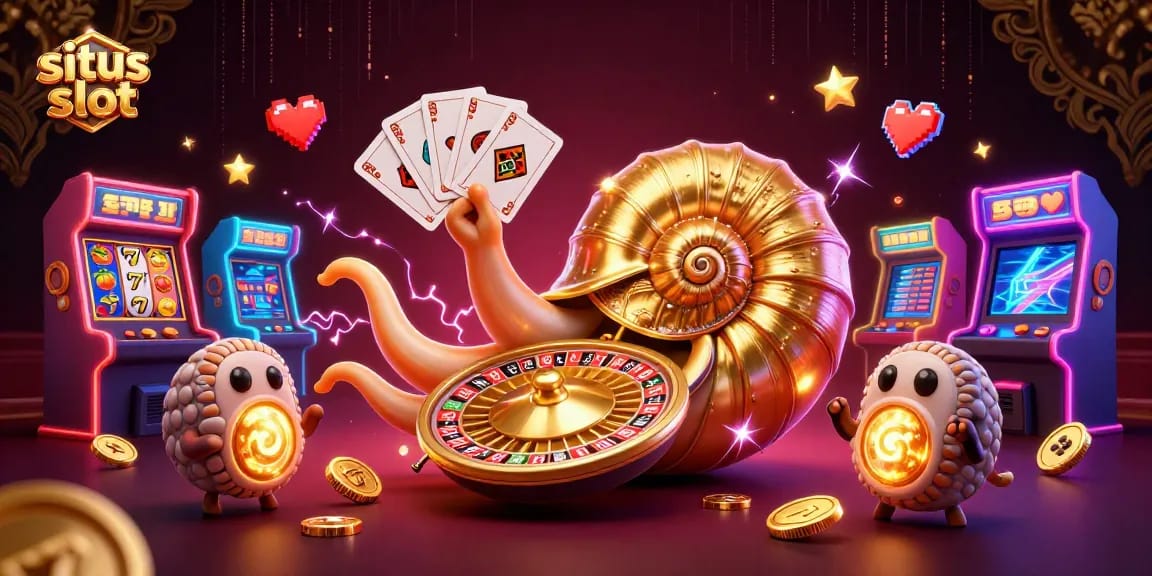 Play exciting situs slot games with the giant nautilus and glowing ammonites in this vibrant casino scene.