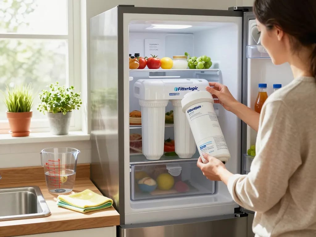 Homeowner examining the Filterlogic LT1000PC ADQ747935 MDJ64844601 NSF Certified Refrigerator Water Filter and Air Filter in a bright kitchen setting.