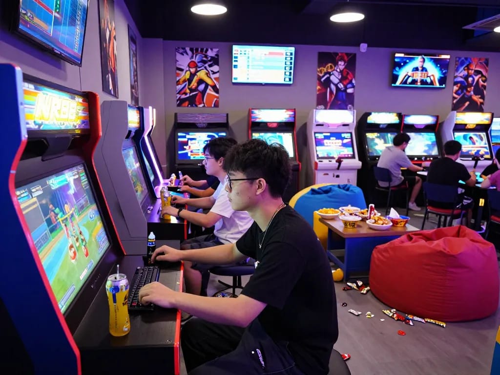 Young gamers competing in NK88 at a neon-lit arcade filled with excitement.