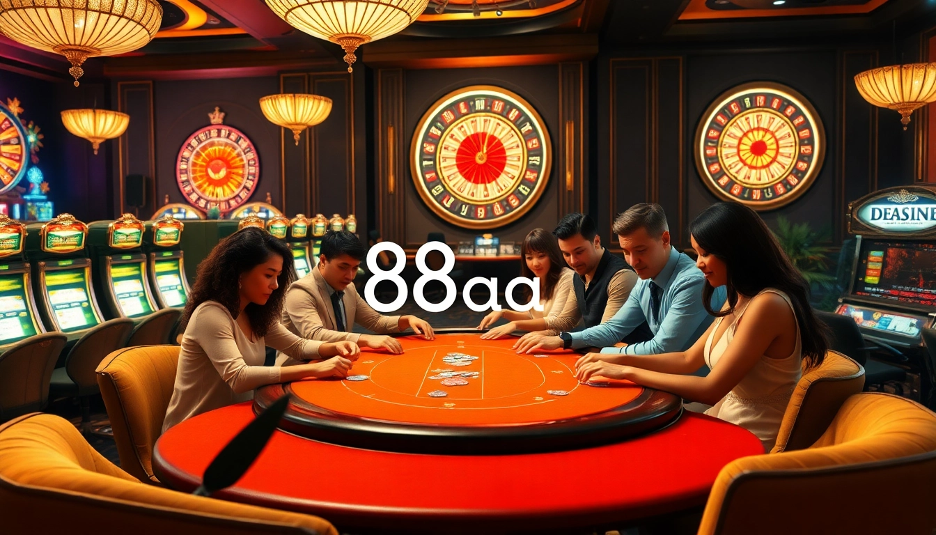 Players enjoy a vibrant poker game at a luxurious casino, showcasing the excitement of 88aa gambling.
