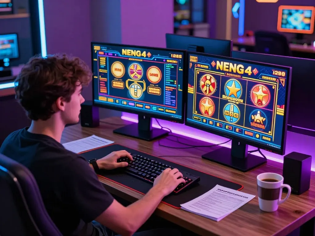 NENG4D online slot gameplay in a modern home office with vibrant graphics and strategic betting.