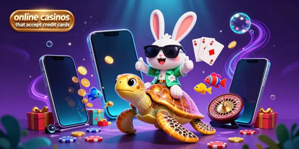Experience the thrill of online casinos that accept credit cards with a lucky rabbit and golden turtle.