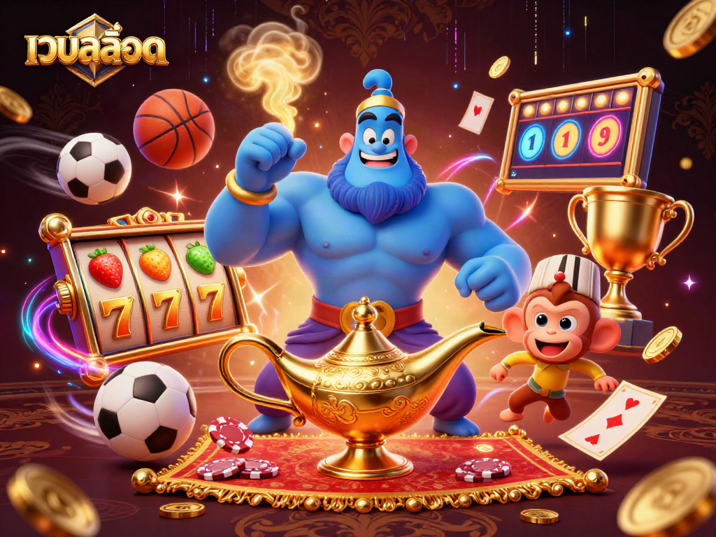 Experience เว็บสล็อต excitement with a vibrant scene featuring a muscular blue genie, iconic slot symbols, and flying poker chips.