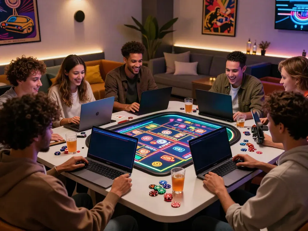 Friends enjoying an exciting akunjp gaming session at a stylish virtual casino.