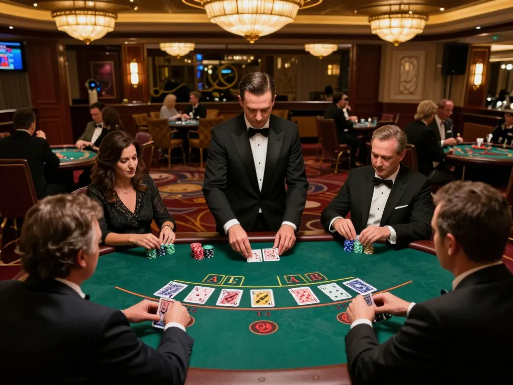 Engaged players strategizing at a blackjack table in a luxurious casino featuring da88 gameplay elements