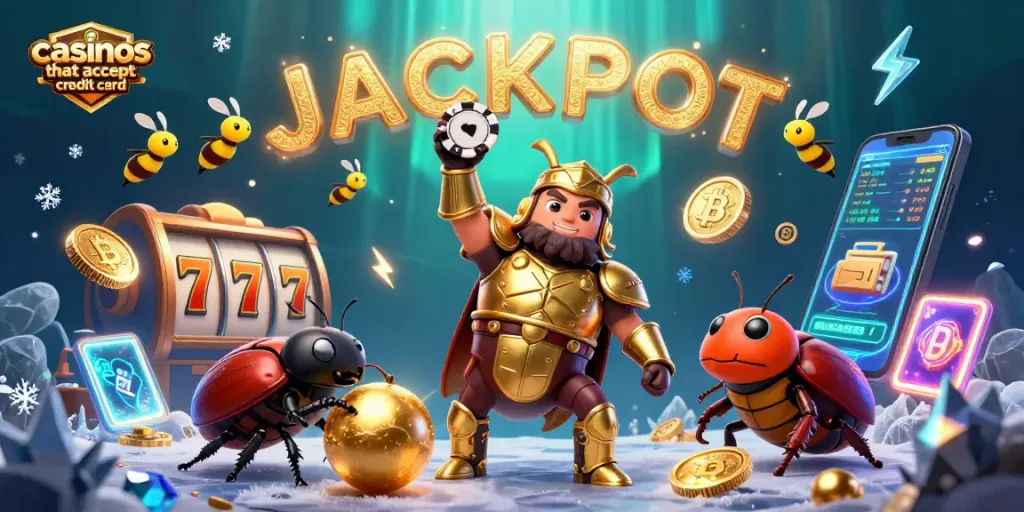 Win at casinos that accept credit card with 3D characters celebrating big wins among vibrant gaming elements.