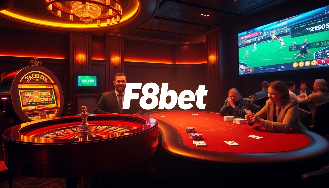Engaging scene of F8bet showcasing poker, roulette, and slot machines for online gamblers.
