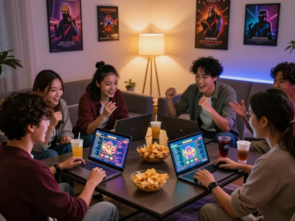Group of friends playing Barcaslot gaming, showcasing excitement and engagement in a cozy living room environment, https://blackmomsblog.com/about/.