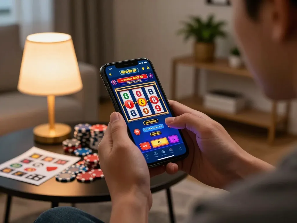 Engaged online gamer using tg88 app on smartphone, showcasing vibrant slot machine graphics and strategic atmosphere.