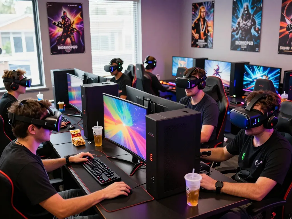 Gamers enjoying BIOSKOP69 in an interactive gaming setup with dynamic visuals.