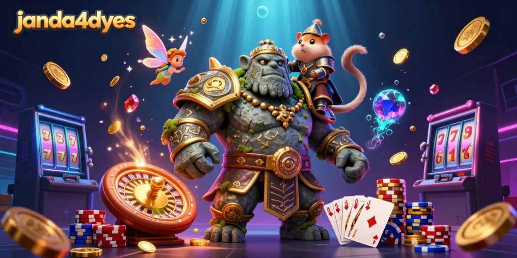 Permainan janda4dyes yang menampilkan semangat taruhan dengan golem dan peri sihir di kasino online.