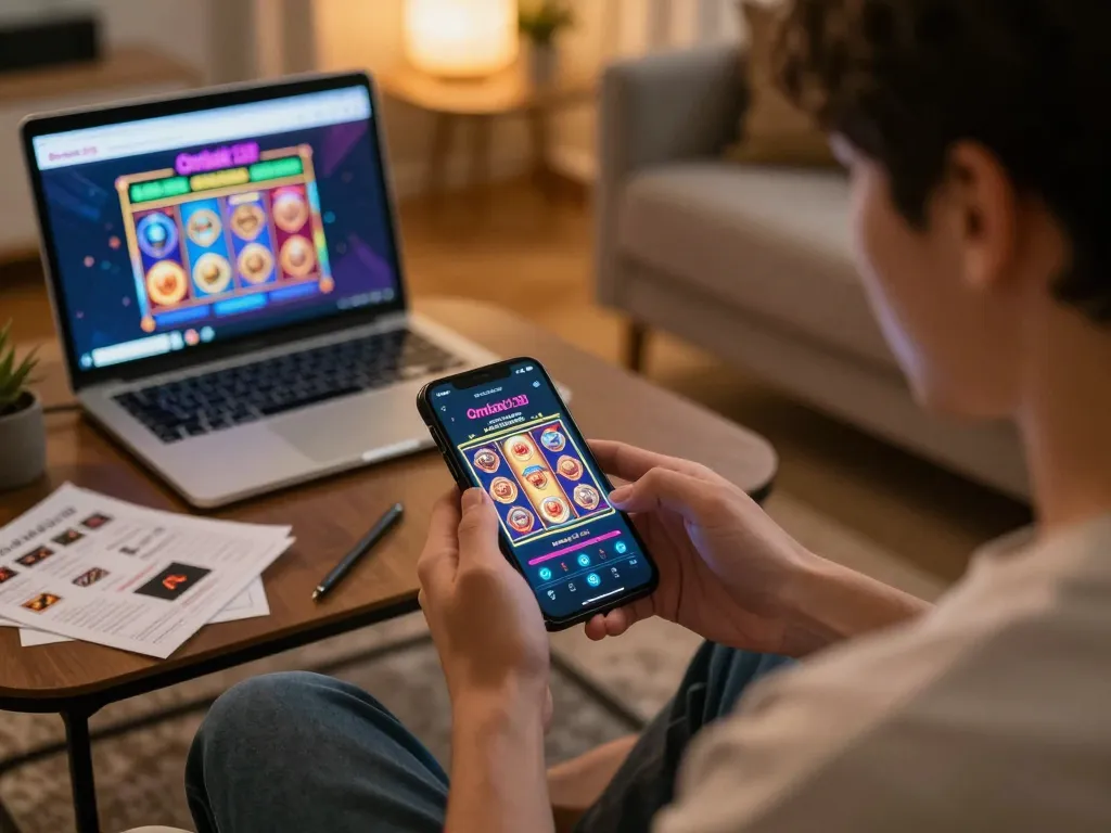 Pengguna Ombak138 sedang berinteraksi dengan permainan kasino seluler di smartphone sambil menikmati suasana nyaman di rumah.
