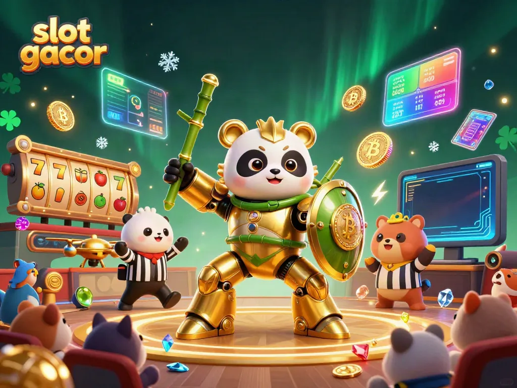 Experience thrilling action in slot gacor games with a golden panda in a vibrant 3D casino scene.