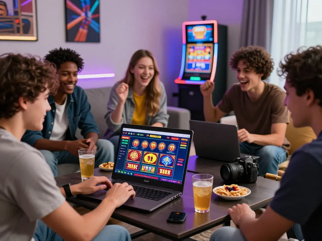 A lively gathering of friends enjoying 88aa com online casino games in a vibrant living room.