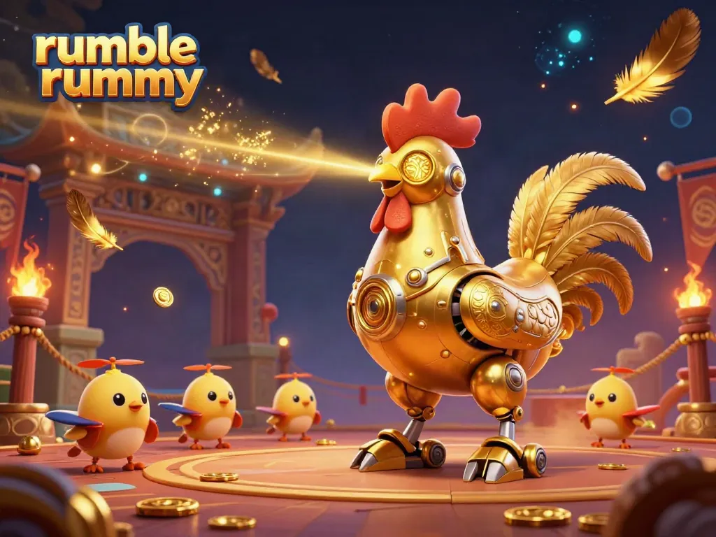 Experience the excitement of Rumble Rummy with a vibrant 3D illustration featuring a golden rooster robot in a lively casino.