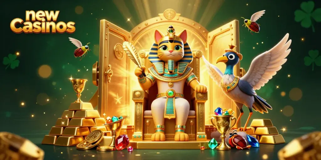 Experience new casinos with vibrant 3D illustrations of a golden Egyptian pharaoh cat and treasures.