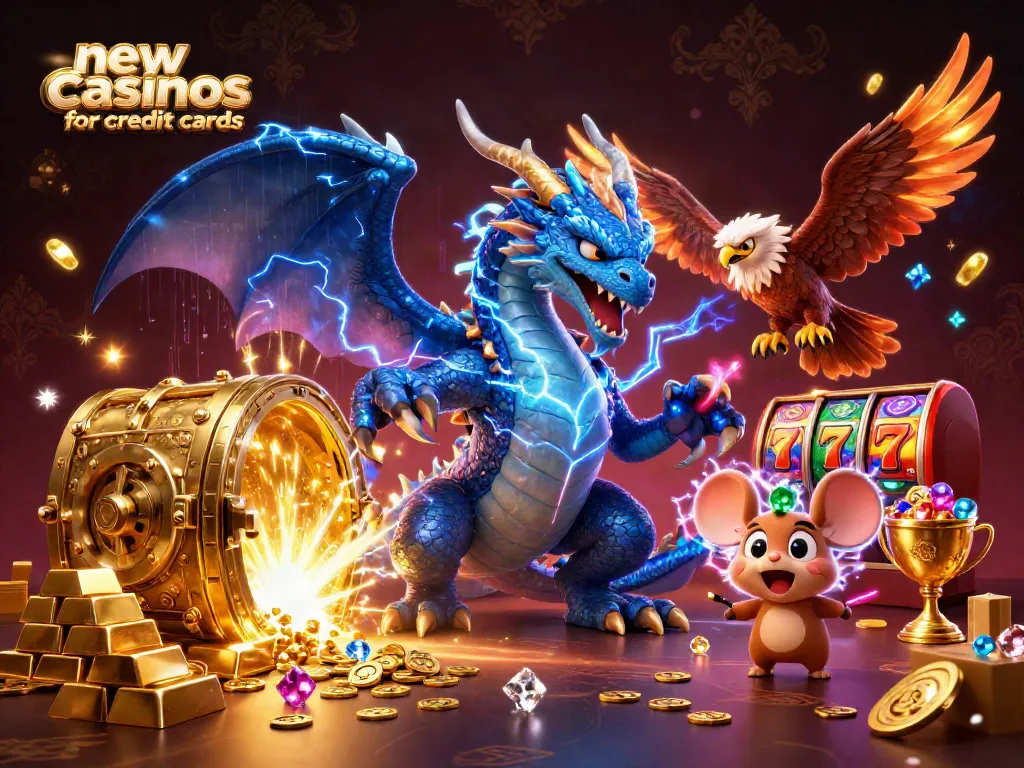 Unleash excitement at new casinos for credit cards with a powerful 3D dragon, vibrant game elements, and gold treasures!