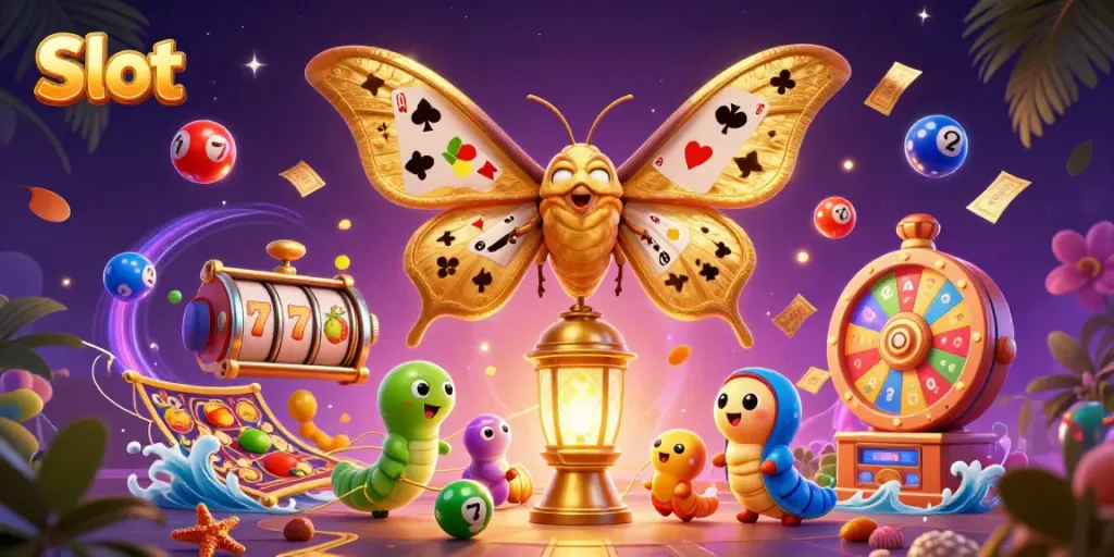 Slot dengan elemen mesin slot dan tiket emas, menggambarkan keceriaan permainan kasino.