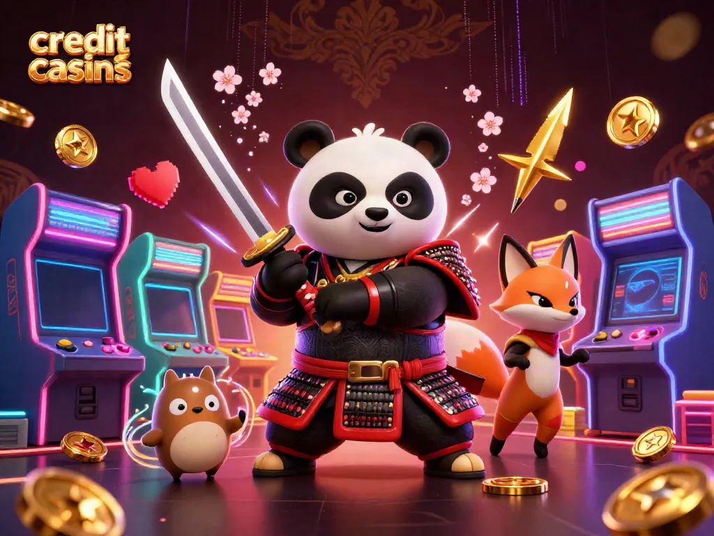 Engaging scene of fun at credit card casinos with samurai panda and ninja fox amidst gaming elements.