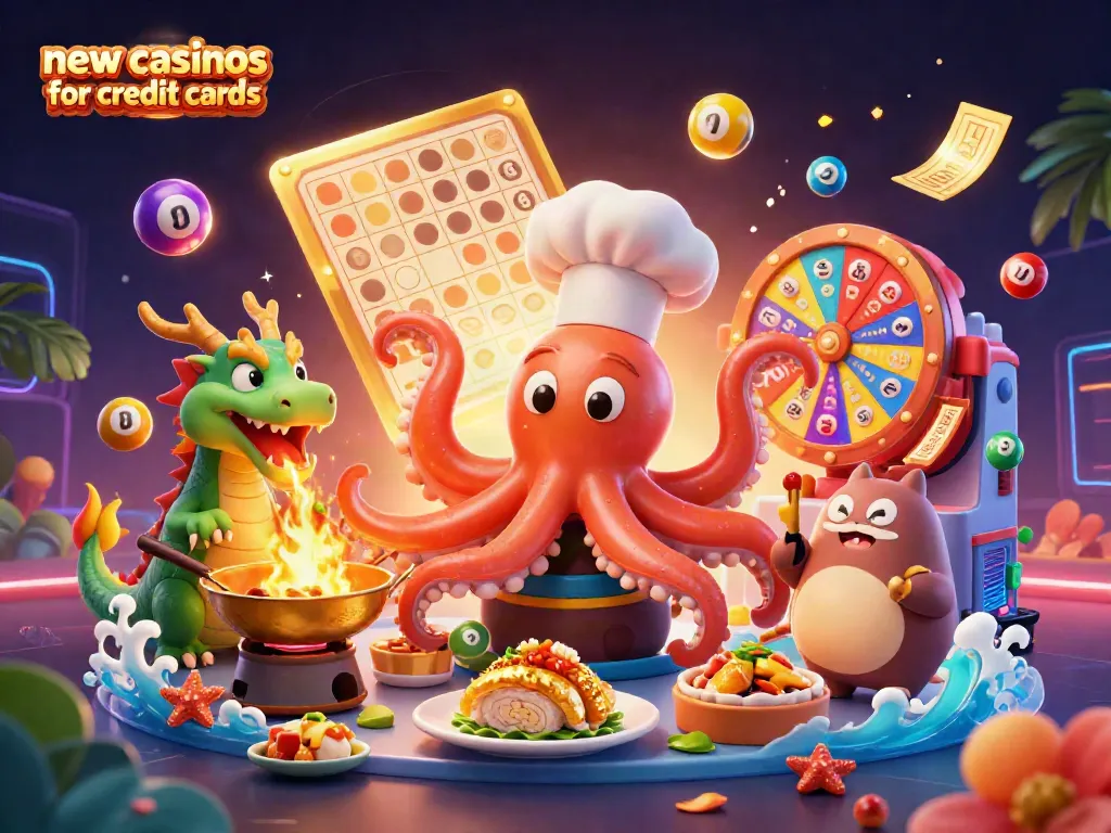 Engaging scene showcasing new casinos for credit cards with a sushi chef octopus and his dragon, featuring vibrant casino elements.
