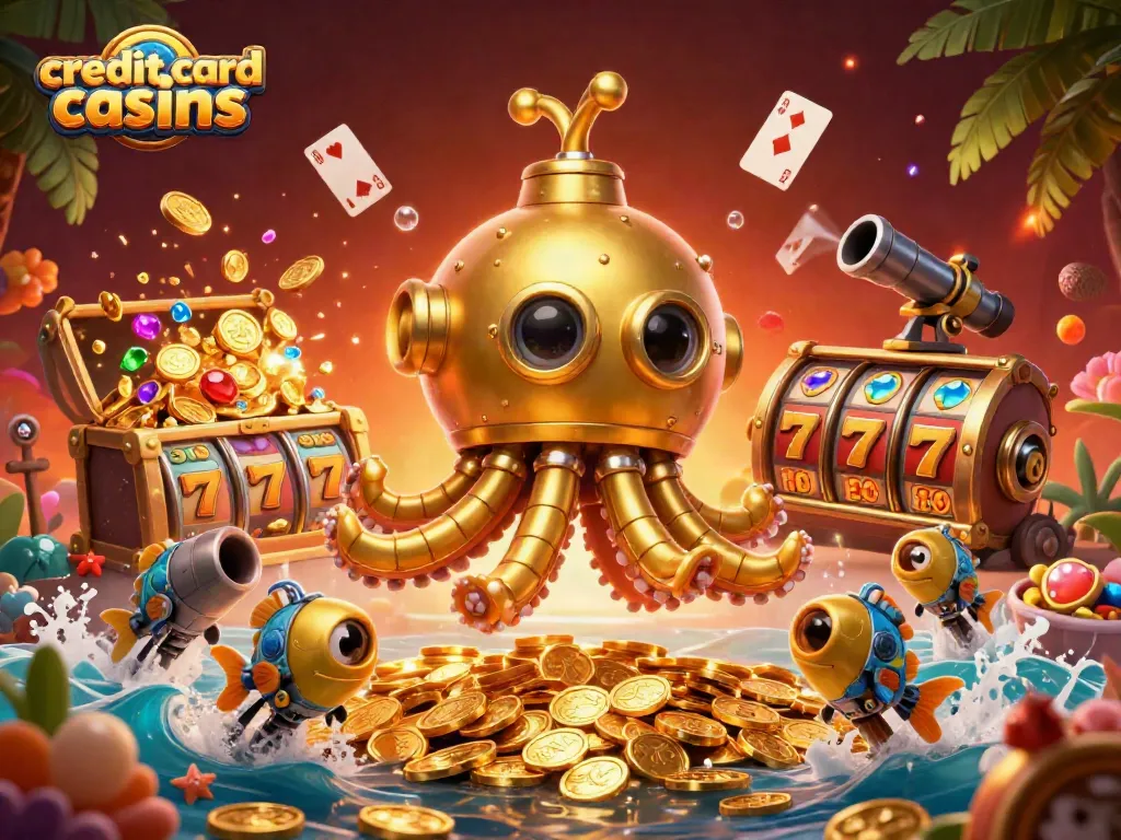 Experience thrilling action at credit card casinos with animated golden kraken submarine and slot reels