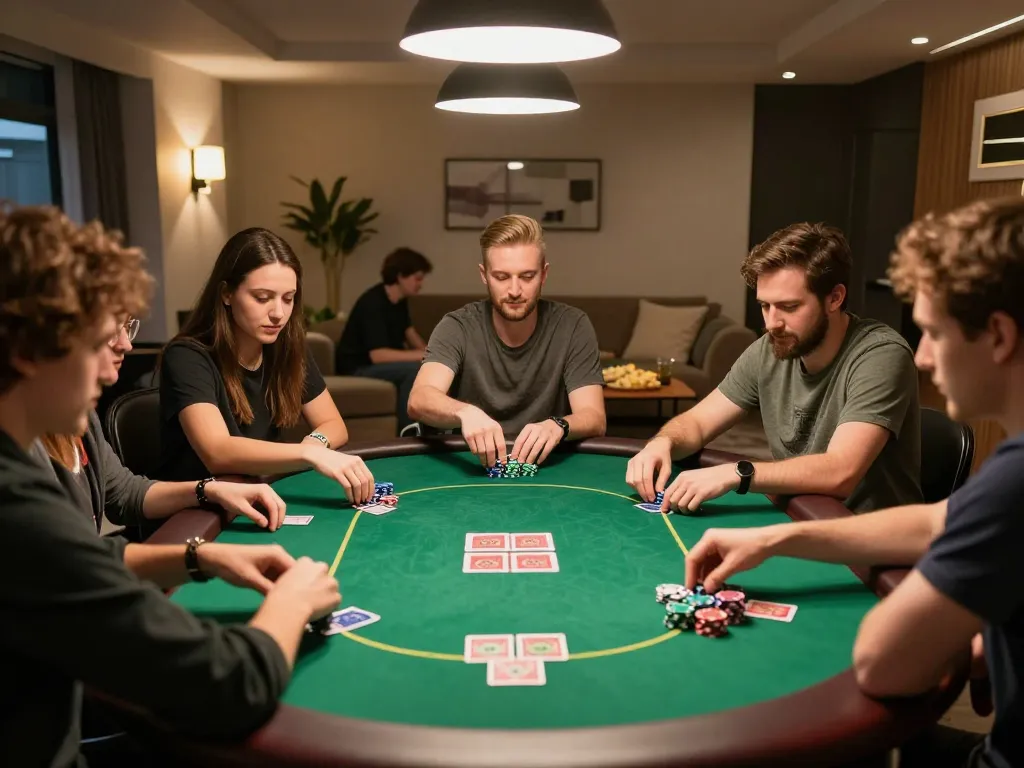 Person enjoying a poker game at home using Say88, chips and cards on the table in lively atmosphere