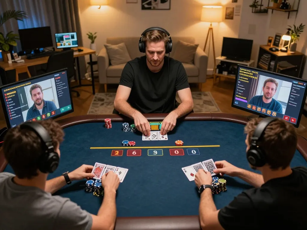 Players engaging in macan33 online blackjack, live dealer shuffling cards in a vibrant setup.